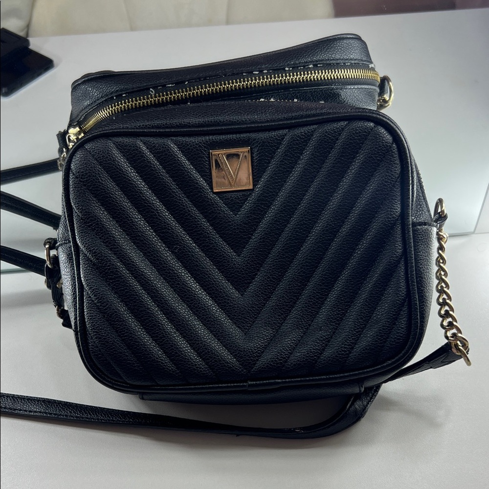 Victoria's Secret Black Chevron Crossbody Bag with Gold in good conditon